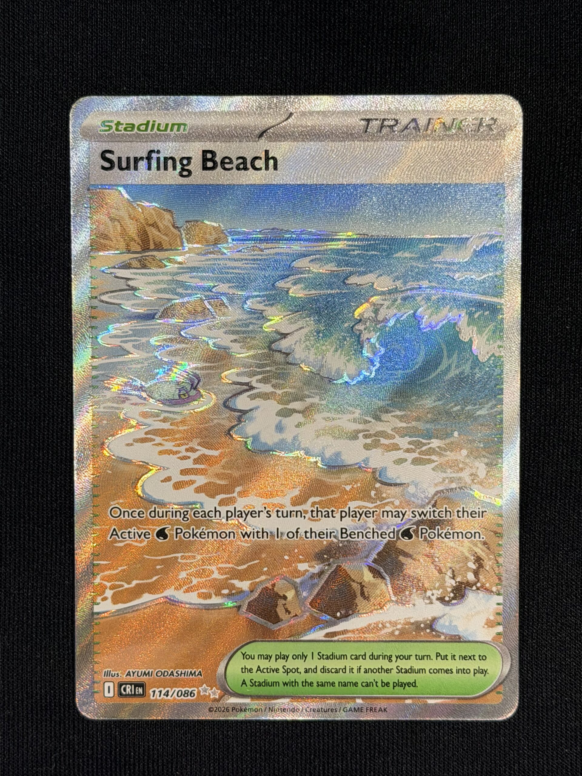 2026 Pokemon CRI Surfing Beach #114/086 Secret Rare Full Art Holofoil Trainer Stadium - Image 2