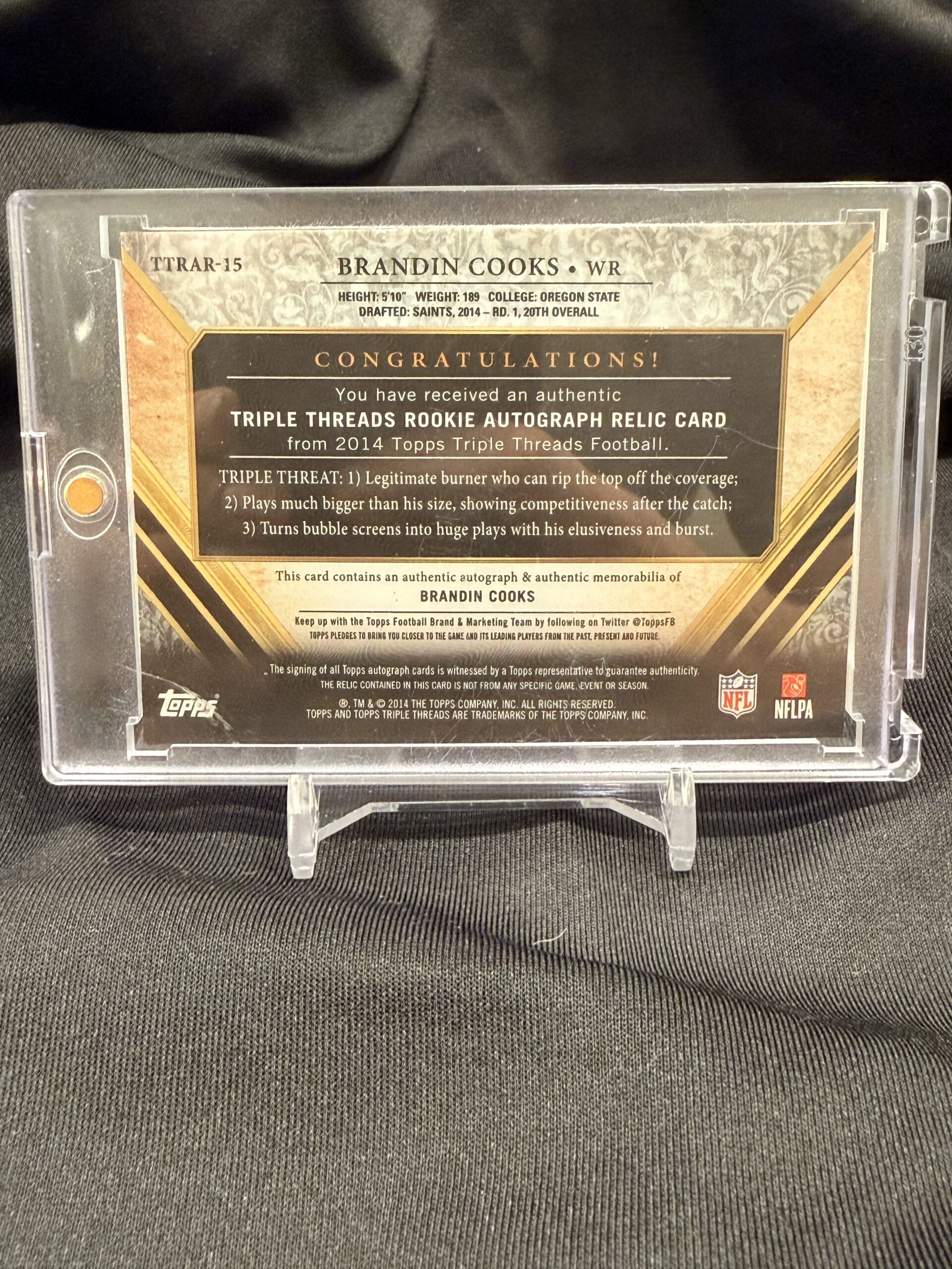 2014 Topps Triple Threads Brandin Cooks #TTRAR-15 Rookie Autograph Relic - Image 2