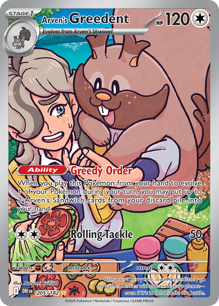 2025 Pokemon Destined Rivals Arven's Greedent #205/182 Special Illustration Rare