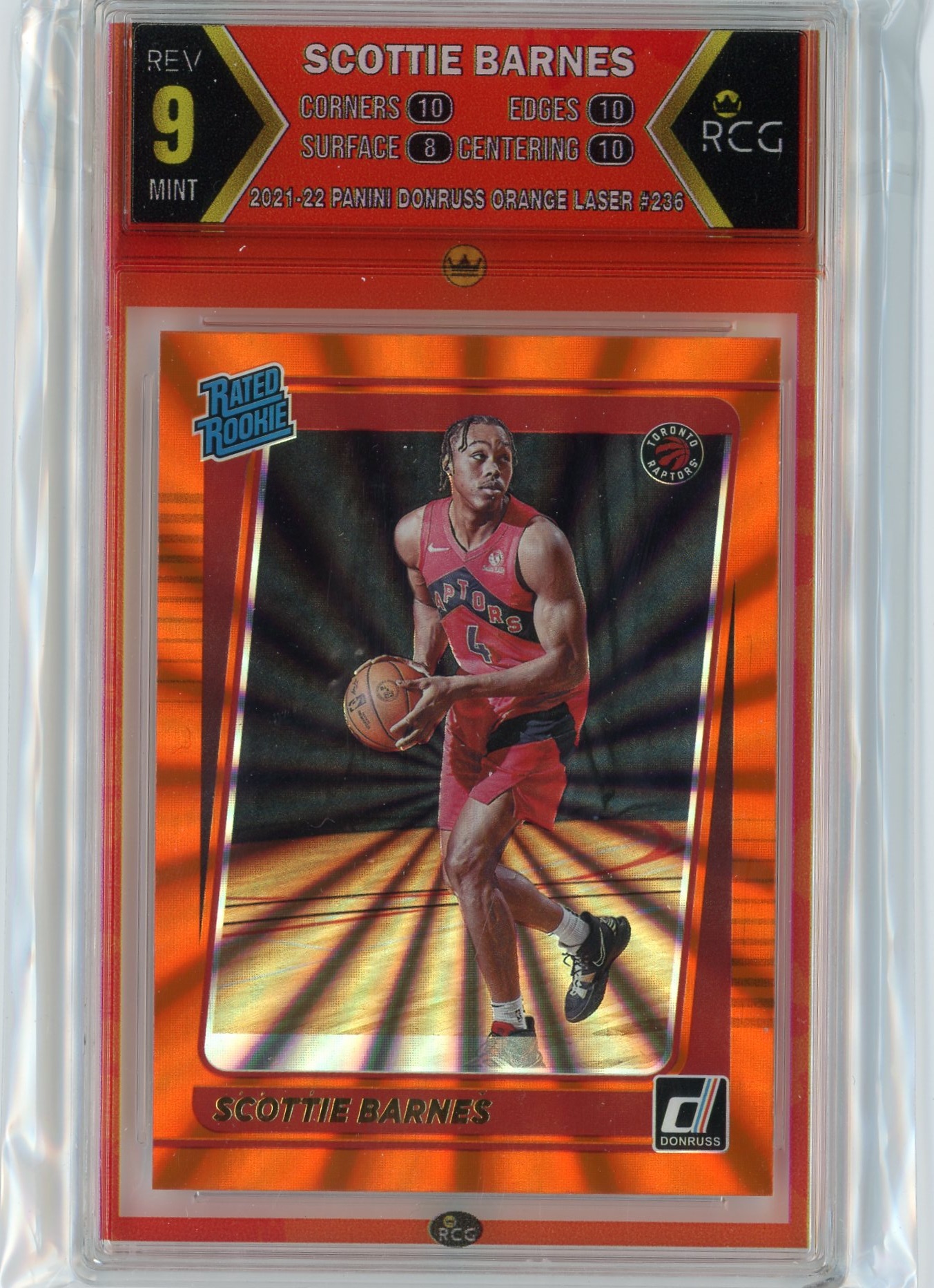 2021/22 Donruss Scottie Barnes Raptors Rated Rookie Orange Laser RCG 9
