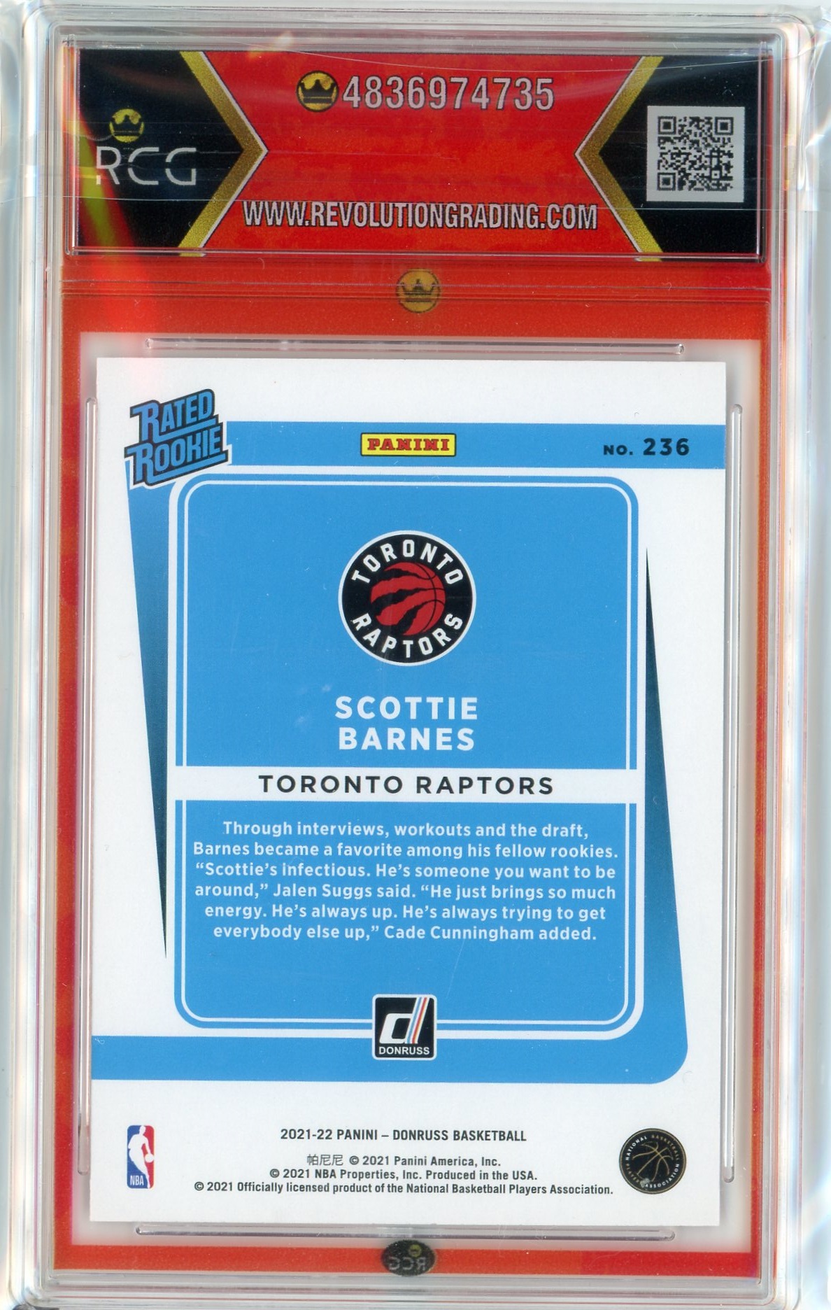 2021/22 Donruss Scottie Barnes Raptors Rated Rookie Orange Laser RCG 9 - Image 2