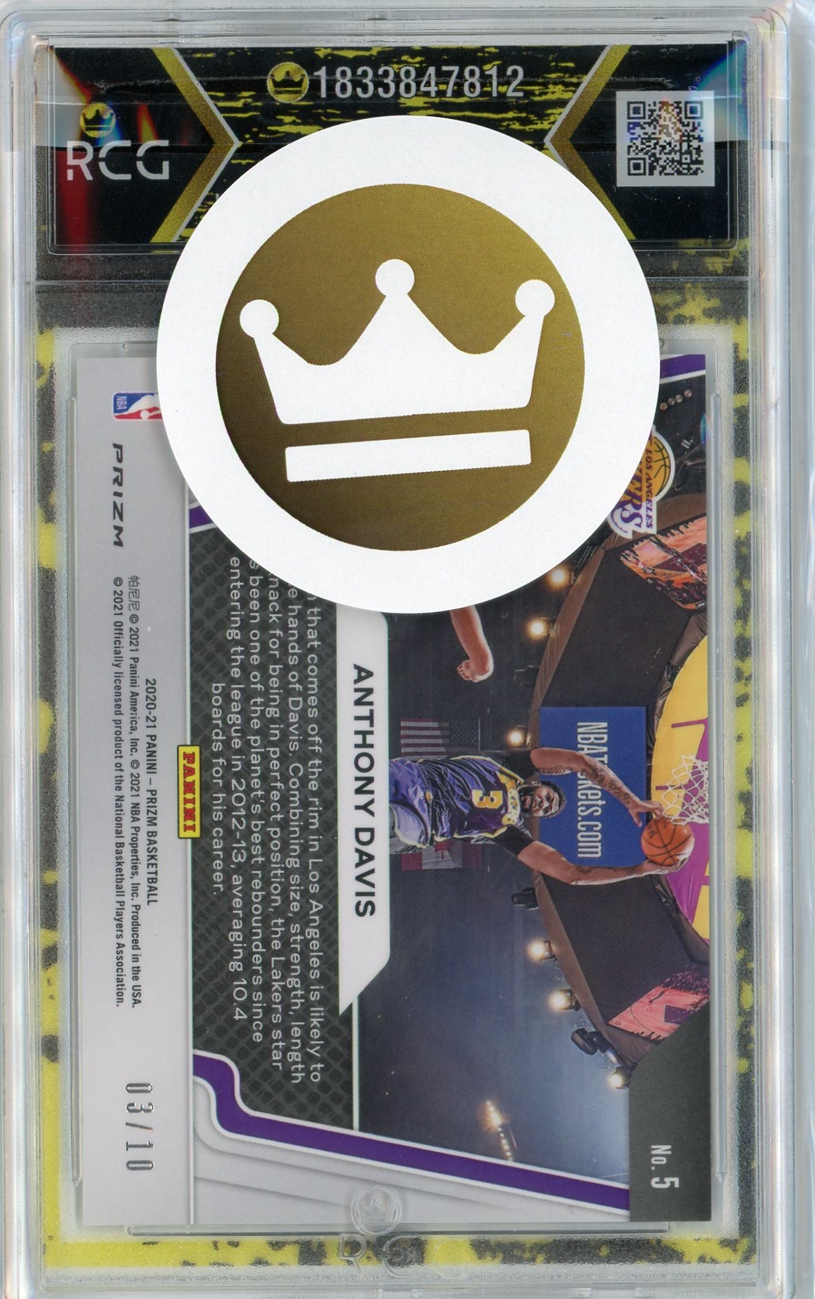 2020/21 Panini Prizm Anthony Davis LA Lakers Widescreen Gold Prizm #3/10 Jersey # RCG 10 - Image 2