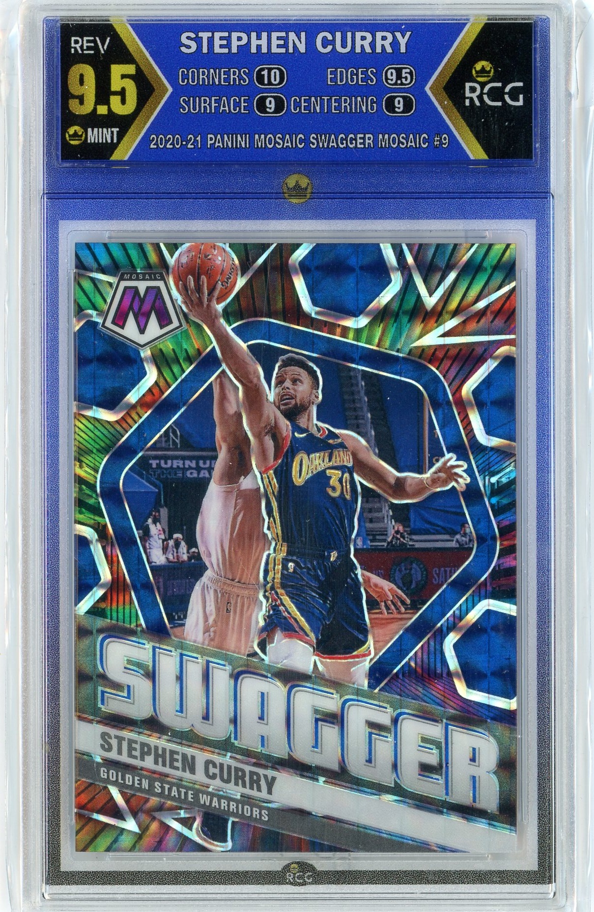 2020/21 Mosaic Stephen Curry Warriors Swagger Insert Mosaic Prizm RCG 9.5