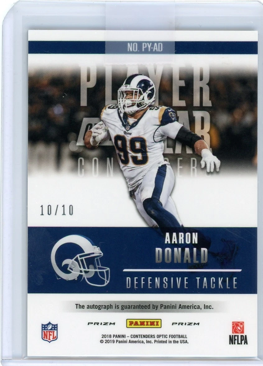 2018 Panini Contenders Optic Aaron Donald Rams Player Of Year Gold Prizm Auto #10/10 SSP - Image 2