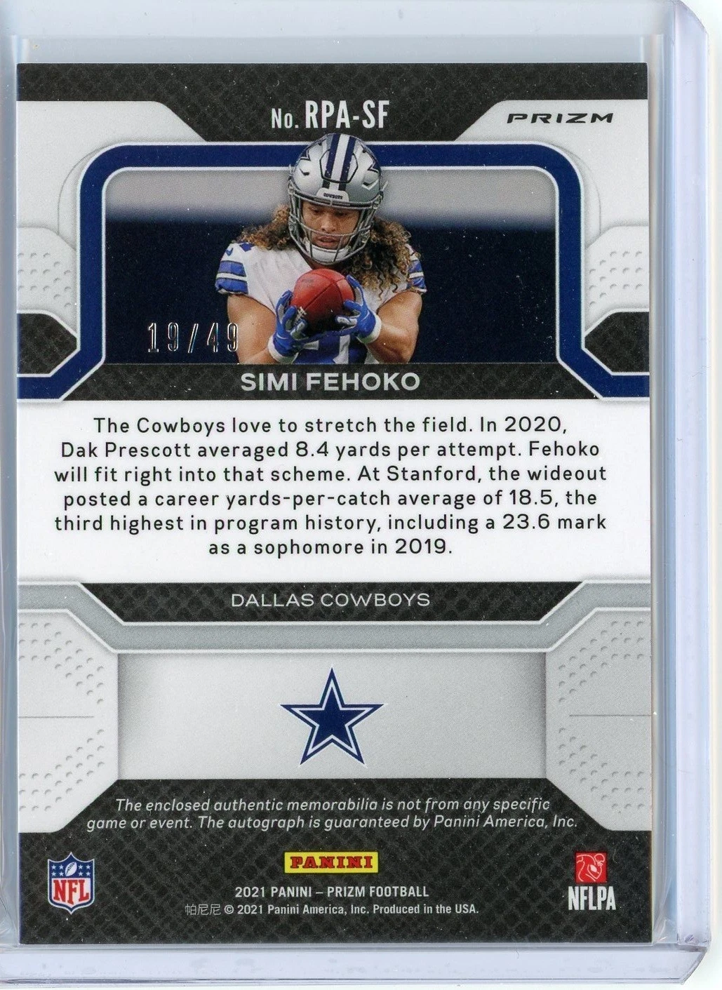 2021 Panini Prizm Simi Fehoko Cowboys Rookie Patch Auto Purple Power Prizm #19/49 SSP - Image 2