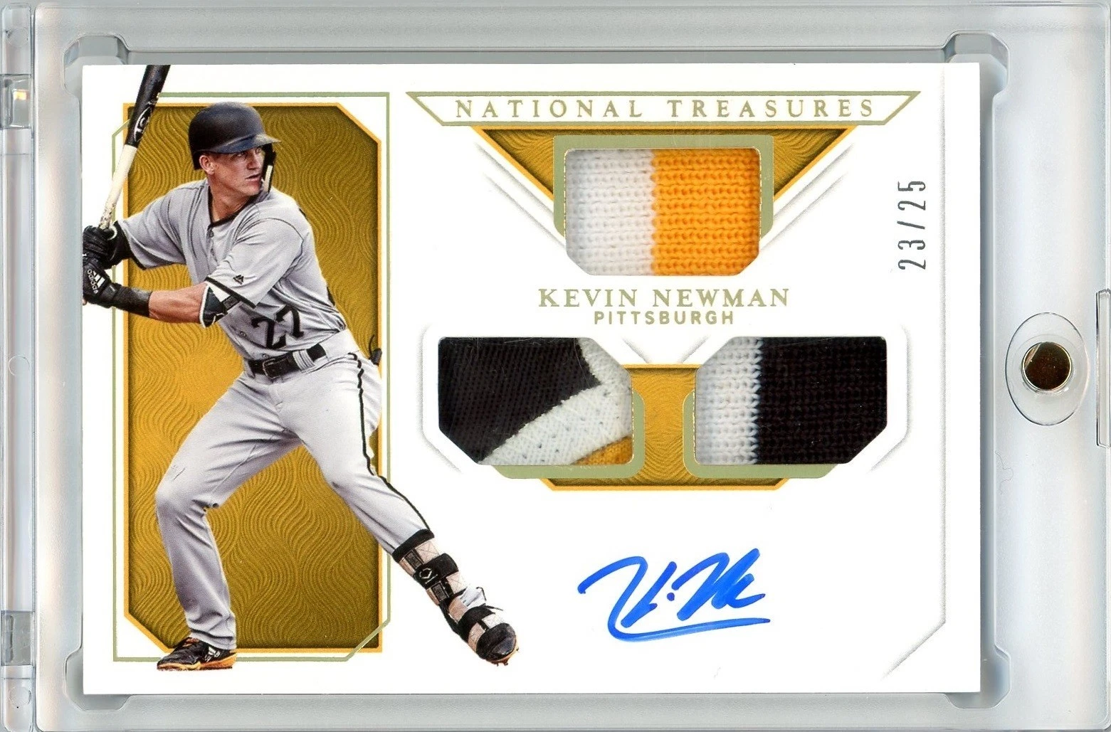 2019 National Treasures Kevin Newman Pittsburgh Pirates Rookie Triple Material Ink Auto Gold #23/25