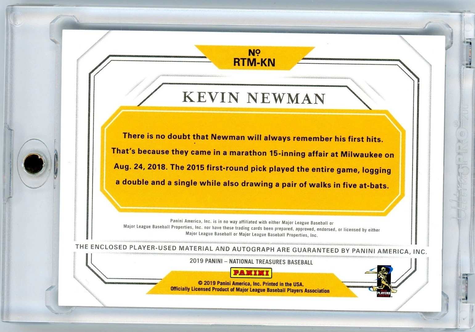2019 National Treasures Kevin Newman Pittsburgh Pirates Rookie Triple Material Ink Auto Gold #23/25 - Image 2