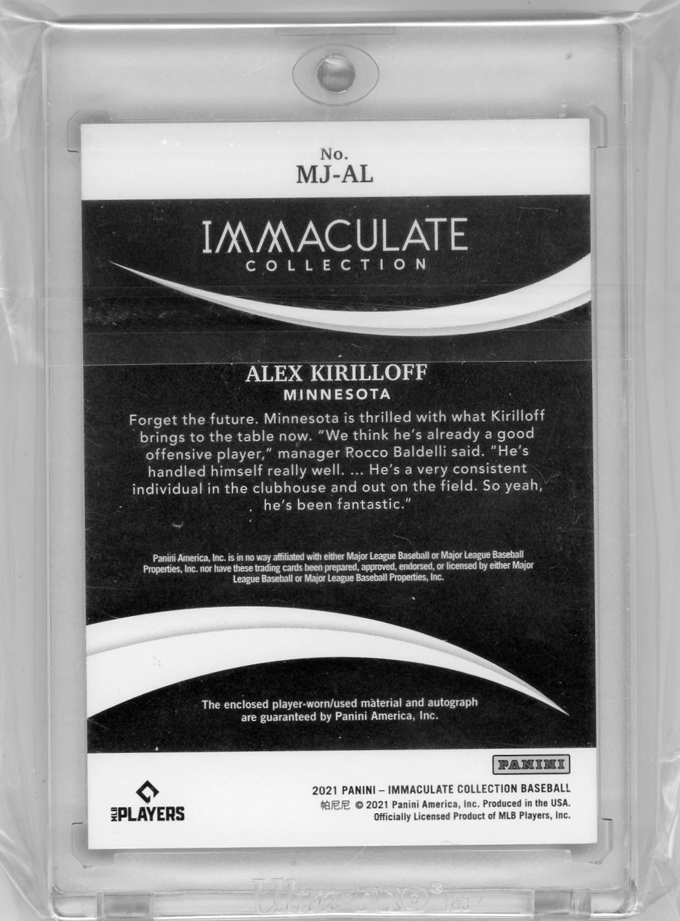 2021 Panini Immaculate Collection Alex Kirilloff Twins Rookie Patch Silver Auto Eye Black #3/10 - Image 2