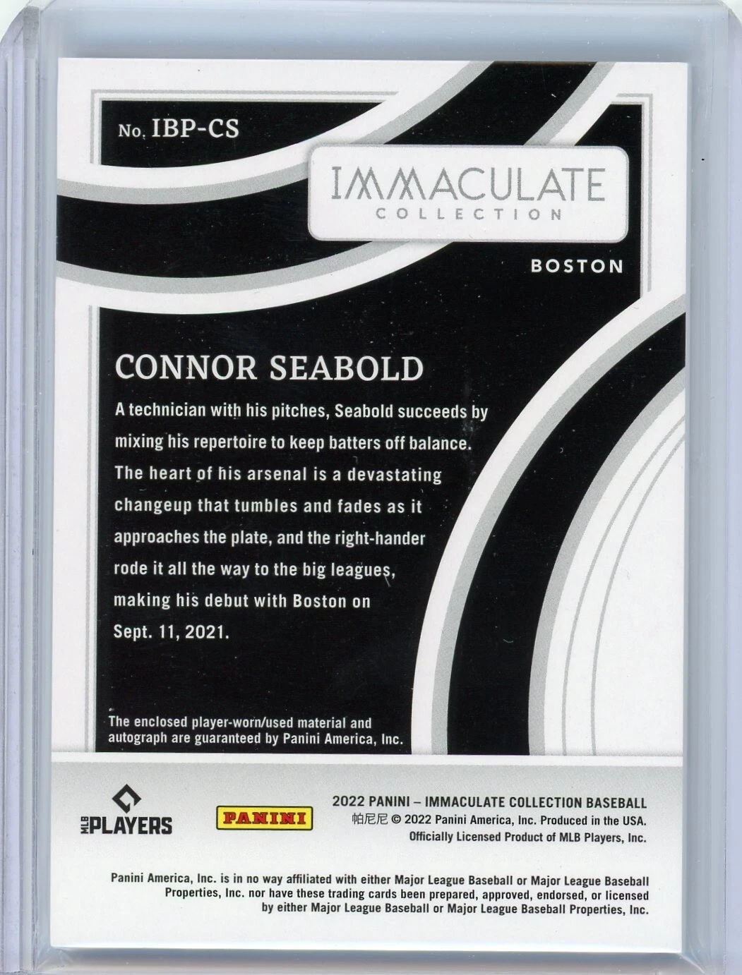 2022 Panini Immaculate Collection Connor Seabold Red Sox Rookie Auto Black Tags #5/6 Laundry Tag - Image 2