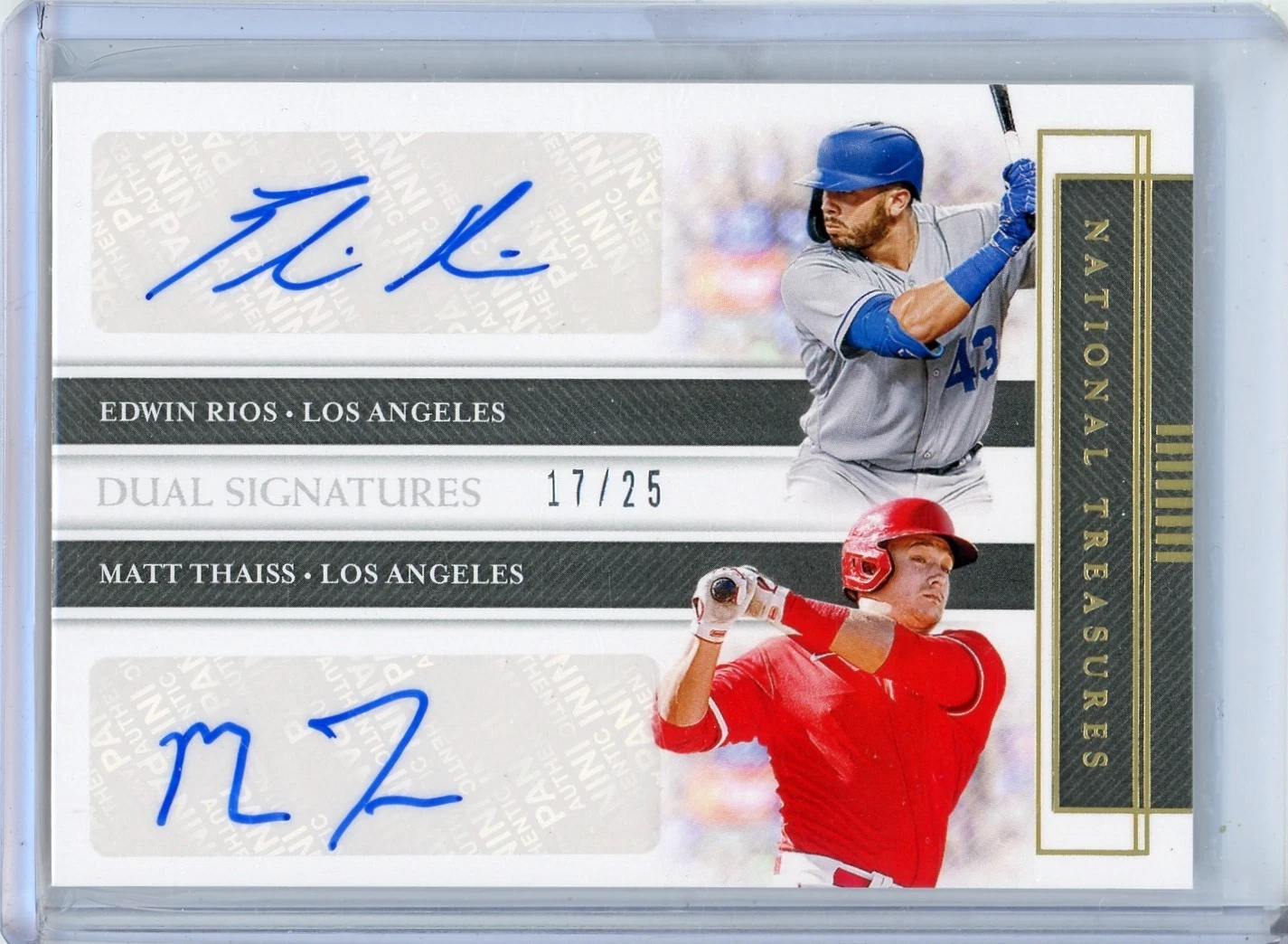 2020 Panini National Treasures Edwin Rios Dodgers/Matt Thaiss Angels Dual Auto Gold #17/25