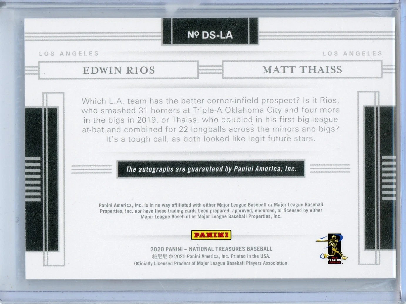 2020 Panini National Treasures Edwin Rios Dodgers/Matt Thaiss Angels Dual Auto Gold #17/25 - Image 2