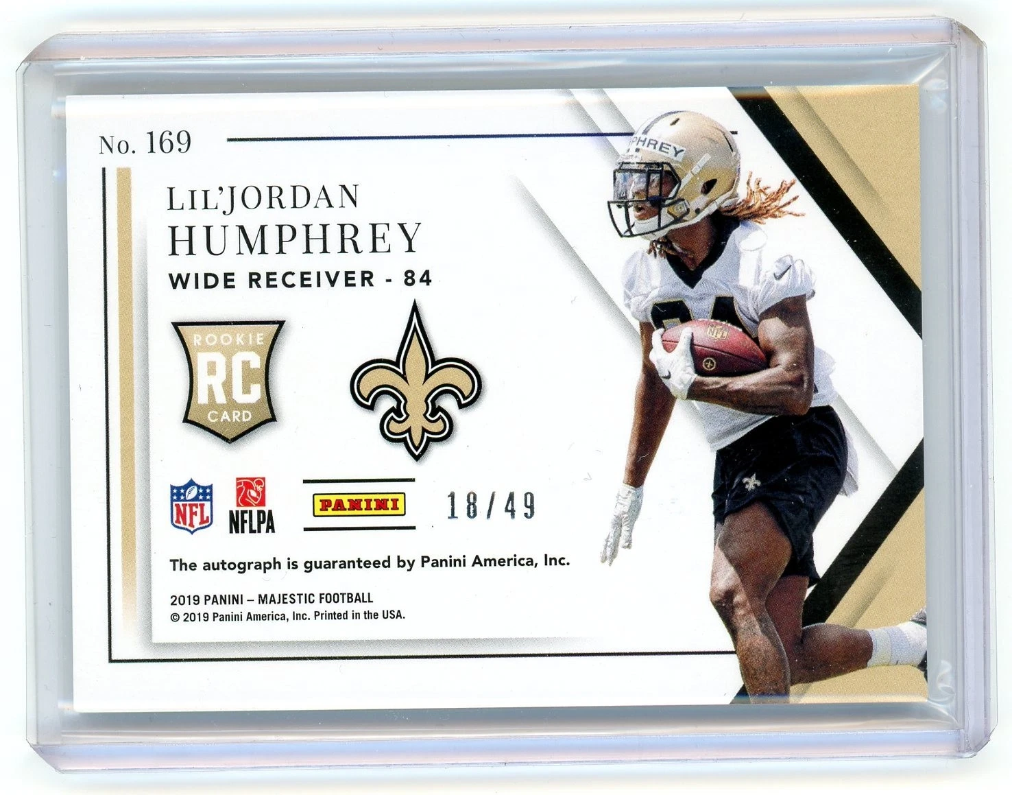2019 Panini Majestic LiL'Jordan Humphrey New Orleans Saints Rookie Signatures Gold #18/49 - Image 2