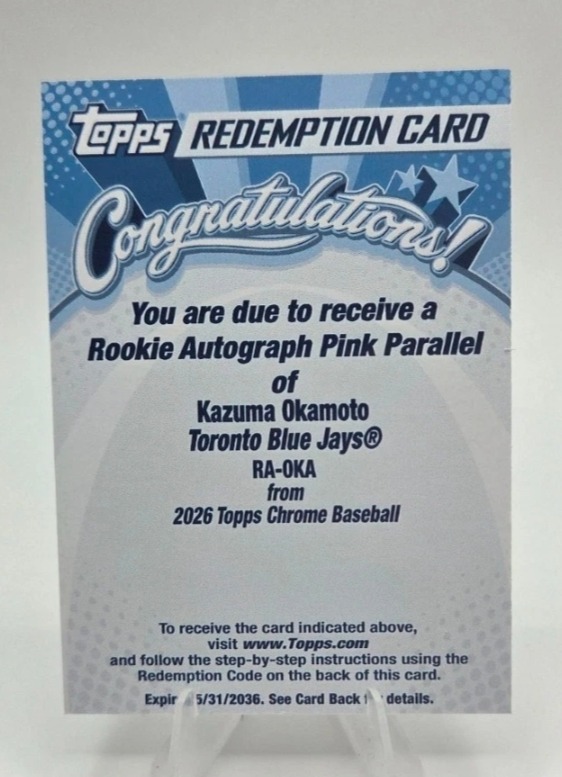 2026 Topps Chrome Baseball Kazuma Okamoto #RA-OKA Rookie Autograph Pink Parallel Toronto Blue Jays Redemption