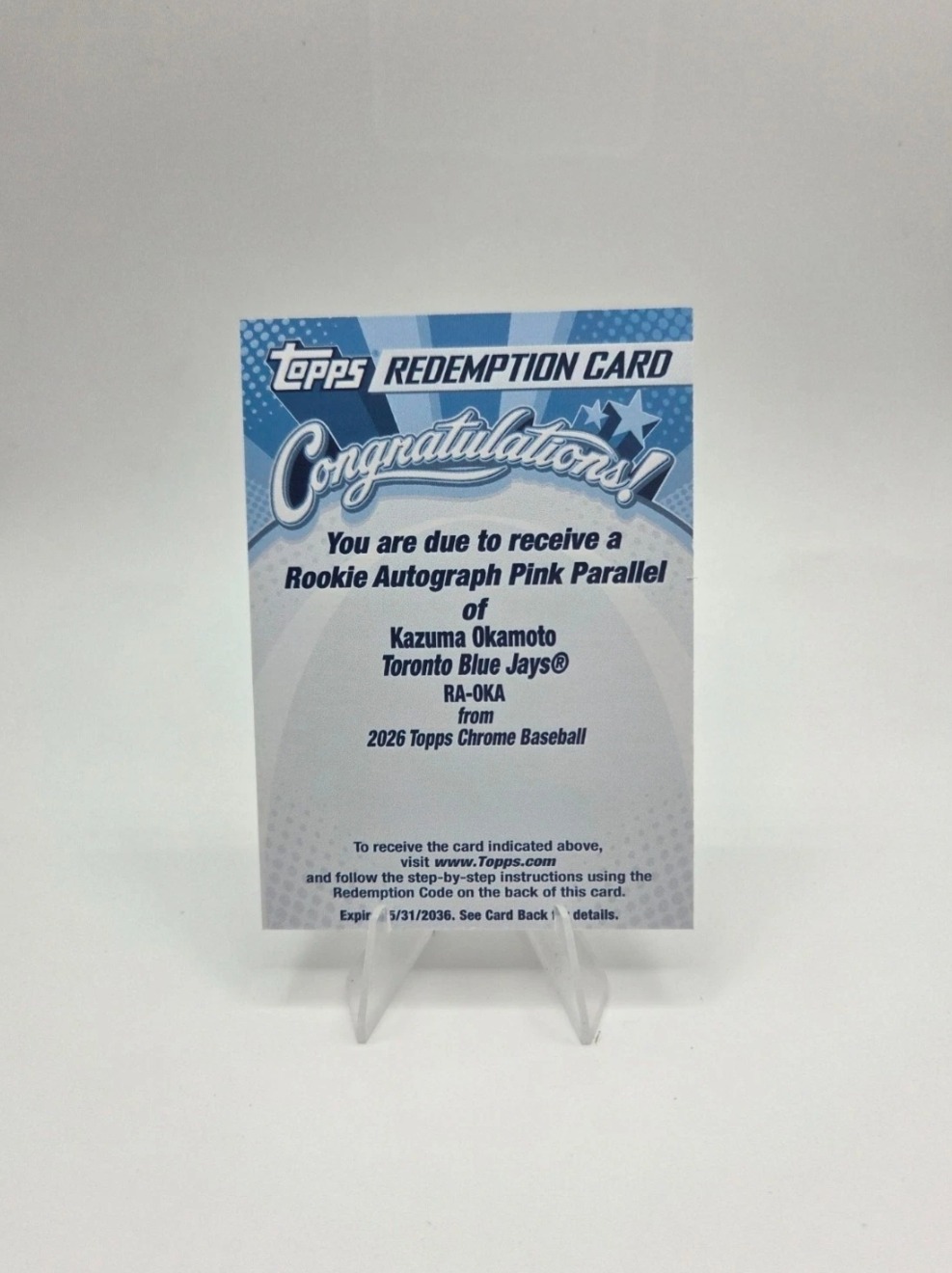 2026 Topps Chrome Baseball Kazuma Okamoto #RA-OKA Rookie Autograph Pink Parallel Toronto Blue Jays Redemption - Image 3