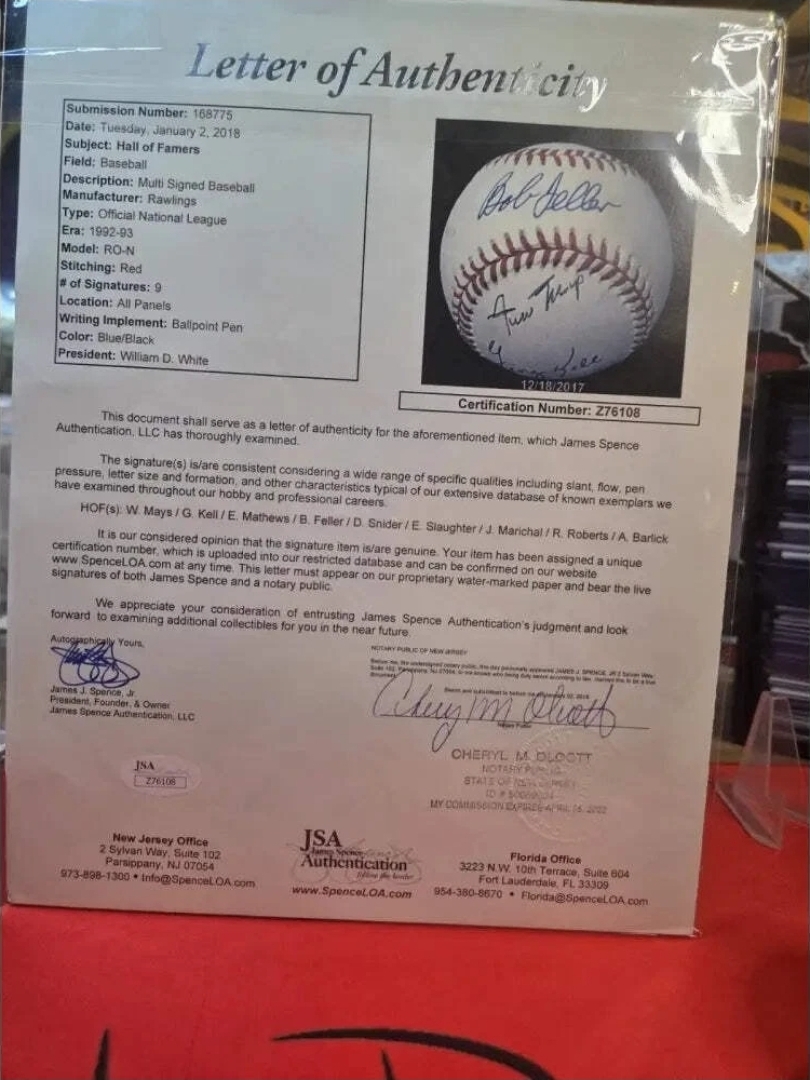 9 Hof Auto Ball Inc. W.Mays, Marichal, Matthews, Feller, Slaughter, Snider JSA Authenticated - Image 7