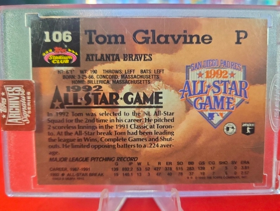 2023 Topps Archives Signature Series Tom Glavine #106 Hall of Fame Certified Autograph 1992 All-Star Game /1 - Image 2