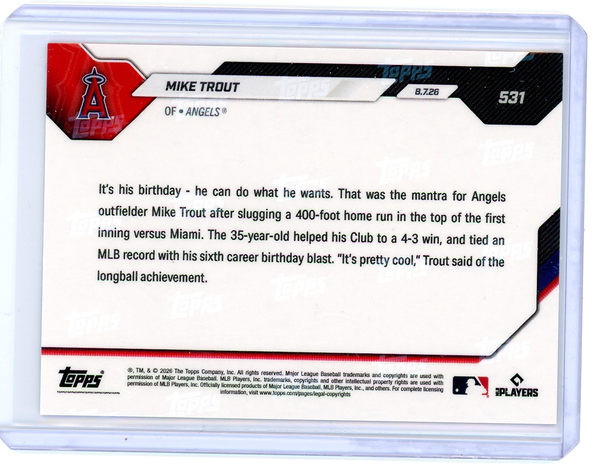 2026 Topps Now Mike Trout LA Angels 8-7-26 6th Birthday HR Ties Record Orange Parallel #22/25 - Image 2